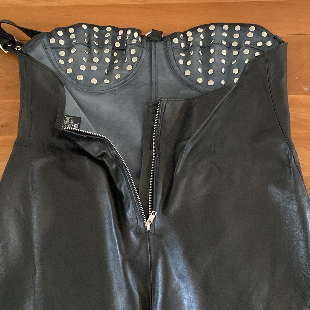 Studded Strapless Black Leather Mini Dress - Picture 12 of 16